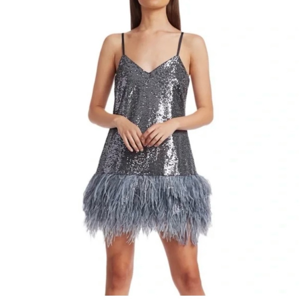 Cinq À Sept Silver Sequin Dress with Feather Hem - NWT